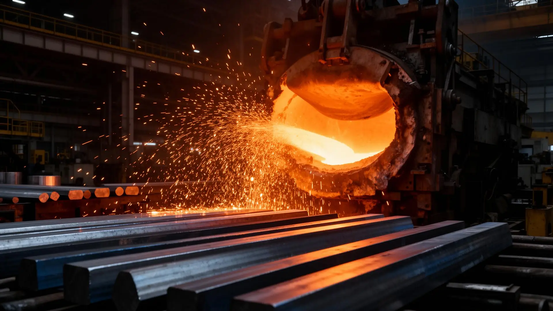 Molten stainless steel poured beside finished billets at the Navkardeep plant