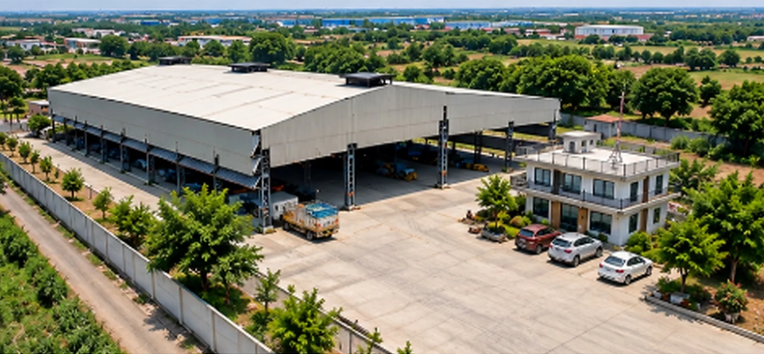 Aerial view of the Navkardeep Steel plant at Vijapur: production shed, yard and office